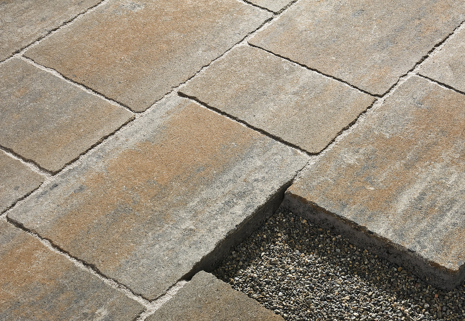 Distressed multi sized paver with extreme size differences in both dimensions